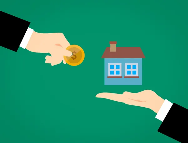 Clipart of a person holding a coin, while another person holds a house