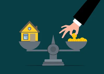 Clipart image of a scale with a house on one side and a hand placing coins on the other side