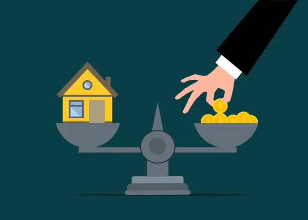 Clipart image of a scale with a house on one side and a hand placing coins on the other side